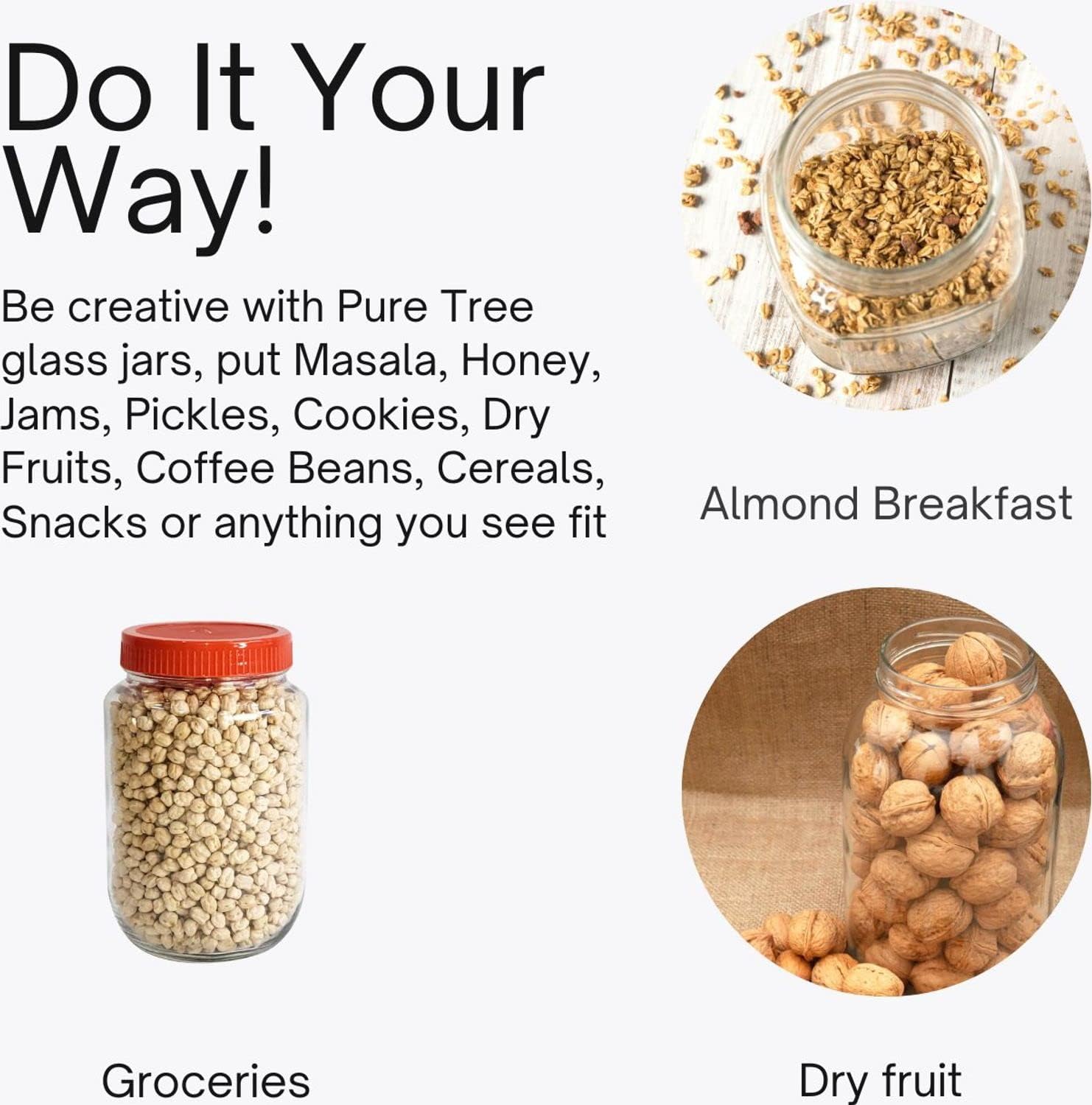 Feelopie Yera Glass 1000ml Round Pickle Clear Jars & Containers||for Kitchen Pantry,Snacks, Masala, Honey, Pickles,Cookies,Dry F